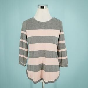 Talbots Size Small S Pink Gray Stripe Crew 3/4 Sleeve Cotton Blend Sweater
